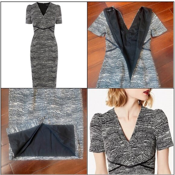 Karen Millen Abstract Print V-Neck Pencil Satin Dress with Silk Detailing Size 2 - Picture 7 of 16